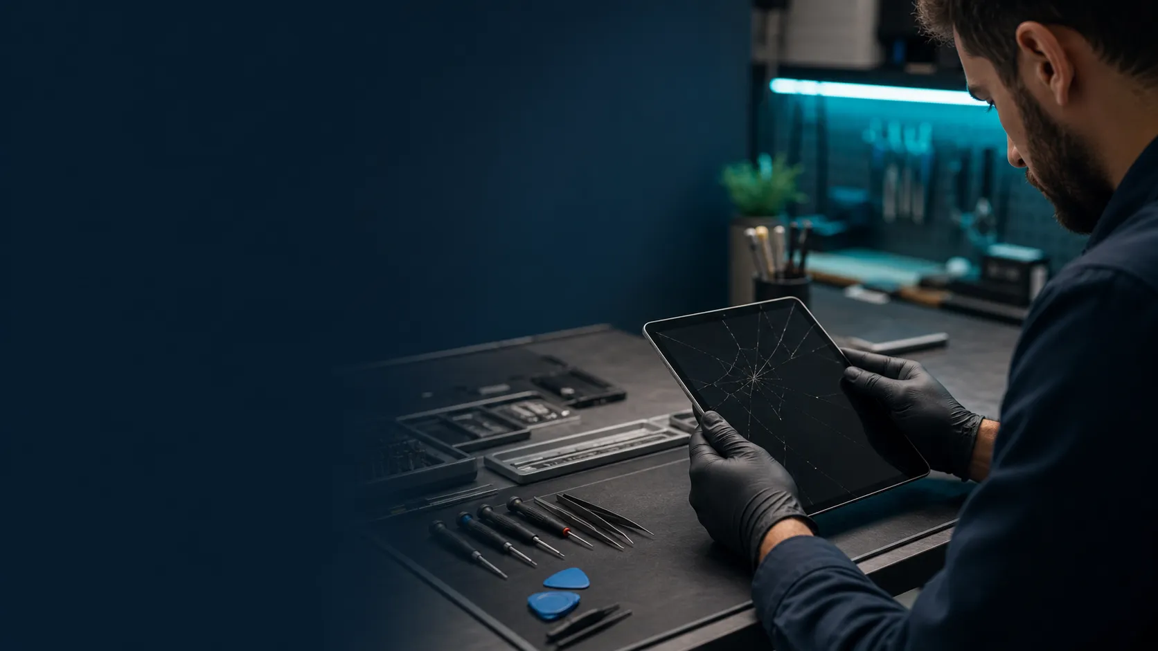Tabletin bağımsız teknik servis tezgâhında onarıma hazırlandığı çalışma alanı