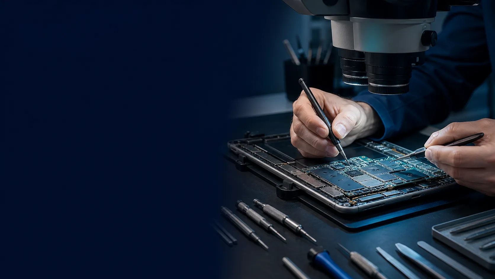 Tablet anakartının mikro lehim ekipmanıyla incelendiği teknik servis alanı
