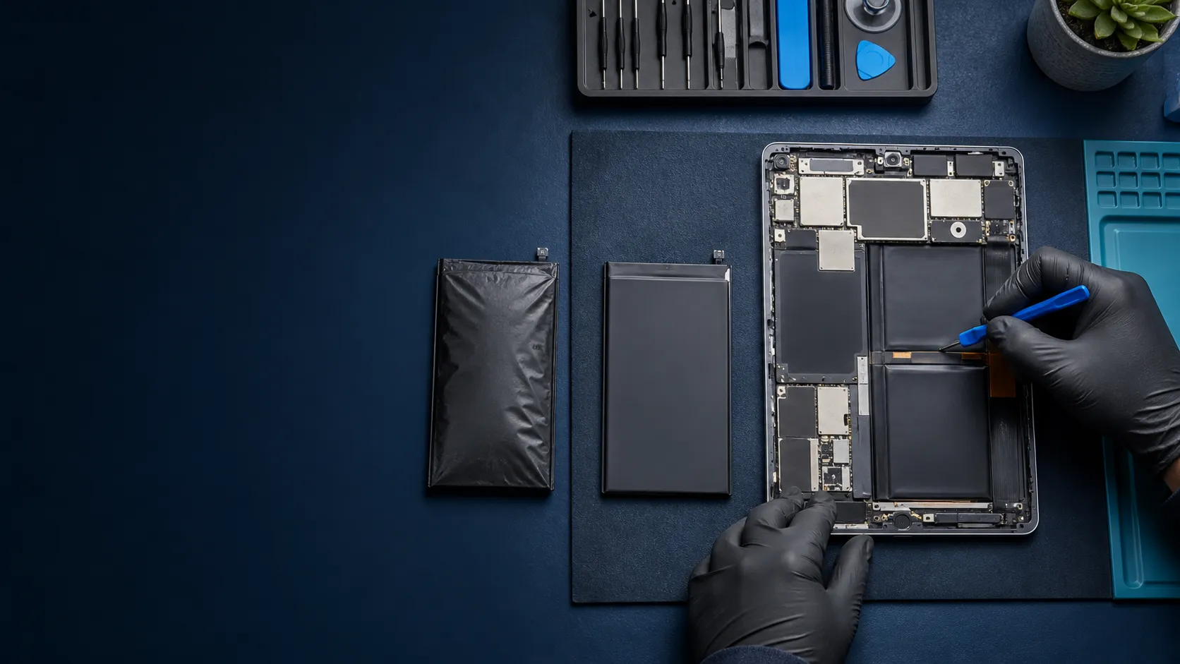 Tablet batarya değişimi için hazırlanan güvenli teknik servis çalışma alanı