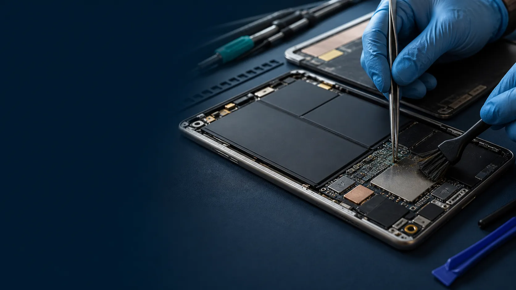 Sıvı teması sonrası tablet devresinin dikkatle incelendiği teknik servis tezgâhı