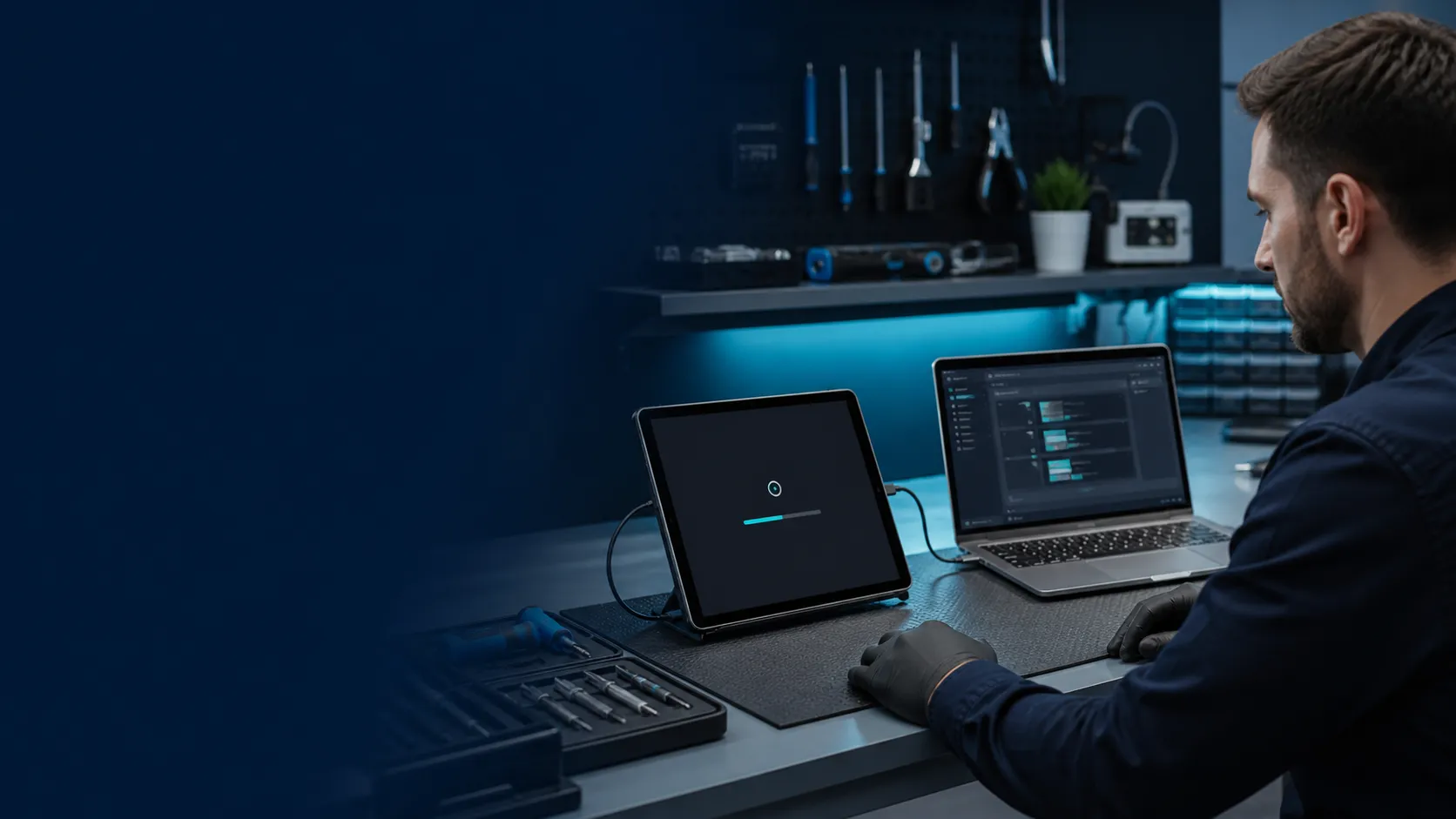 Tabletin yazılım tanısı için bilgisayara bağlandığı teknik servis çalışma alanı